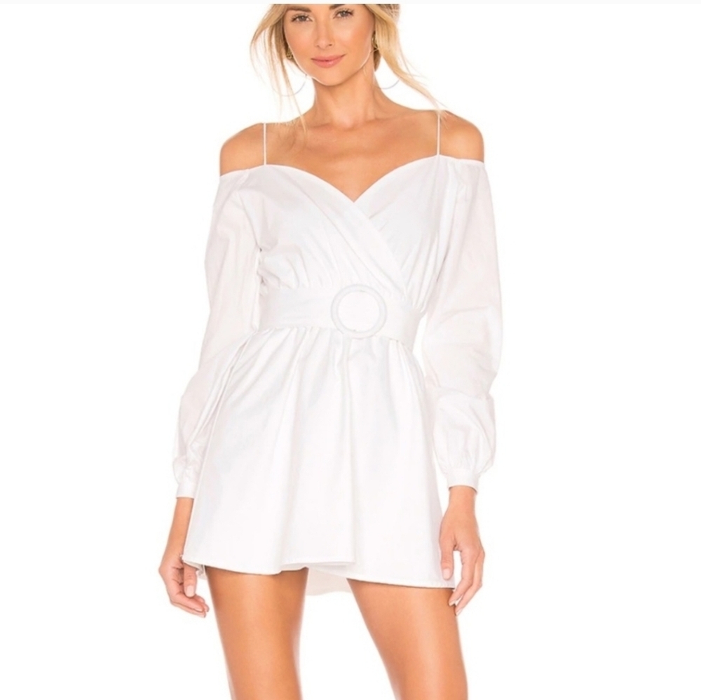 superdown White Off-Shoulder Mini Dress with Belt
